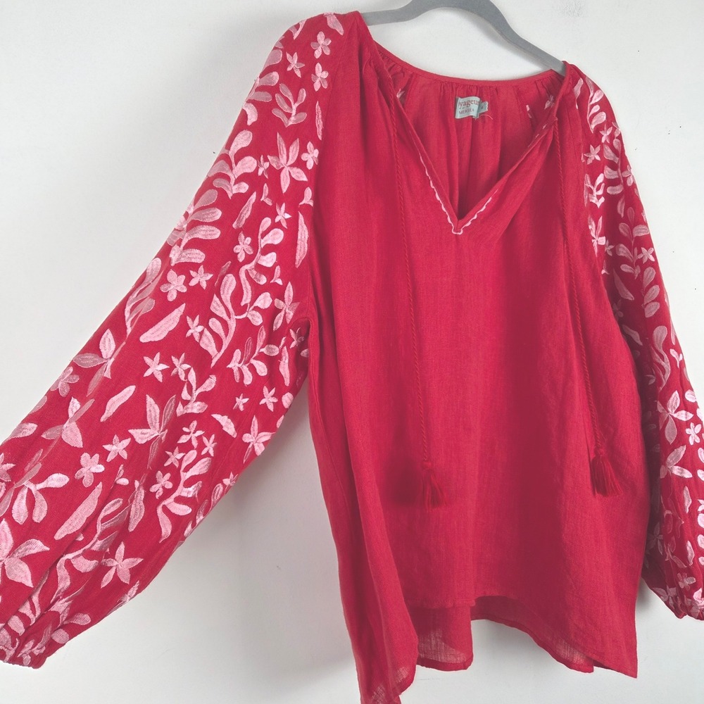 Voyageur by Mersea Red Linen Pink Floral Embroidered Top M Boho Festival Country